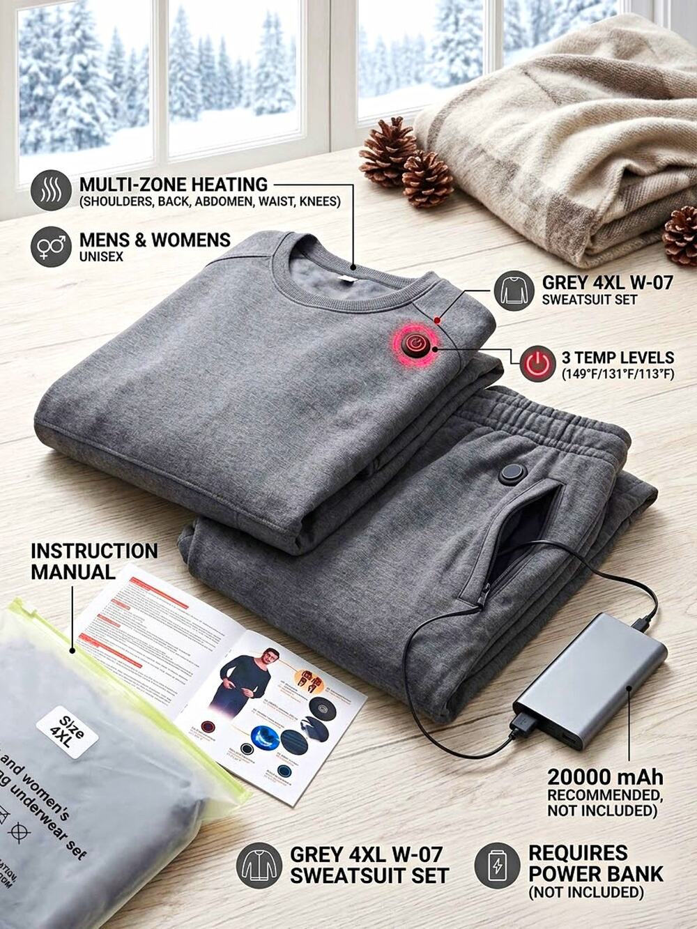 NWT Gray Heated Sweatsuit Set Crew Neck Long Sleeve USB Powered Big & Tall 4XL
